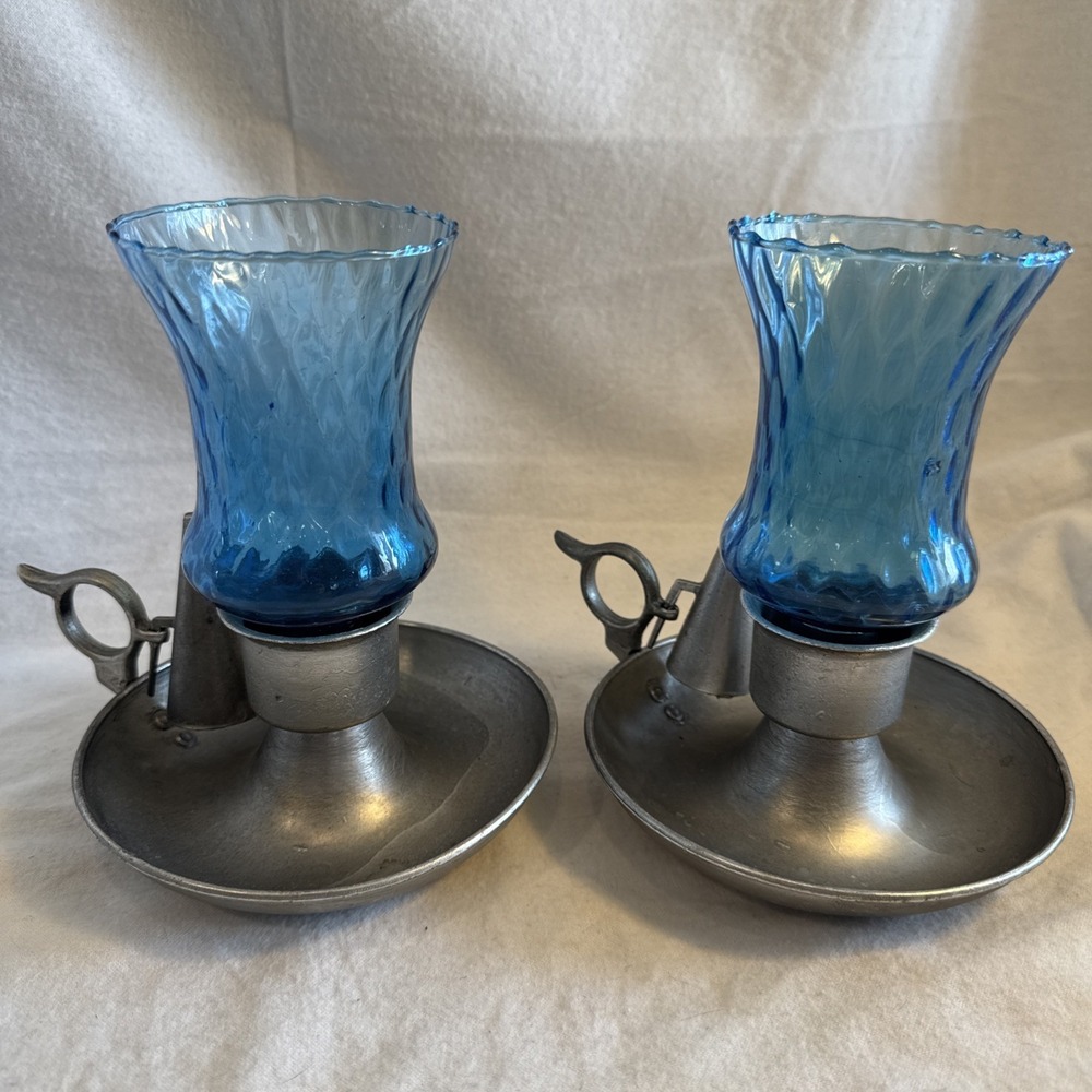 Vintage Pair Pewter Chamberstick Candle Holders Finger Loops Sniffers Blue Glass